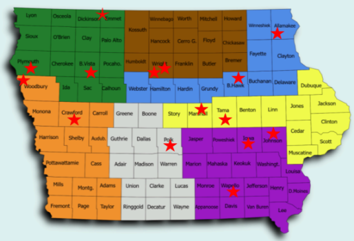 image of state of Iowa divided into 7 regions